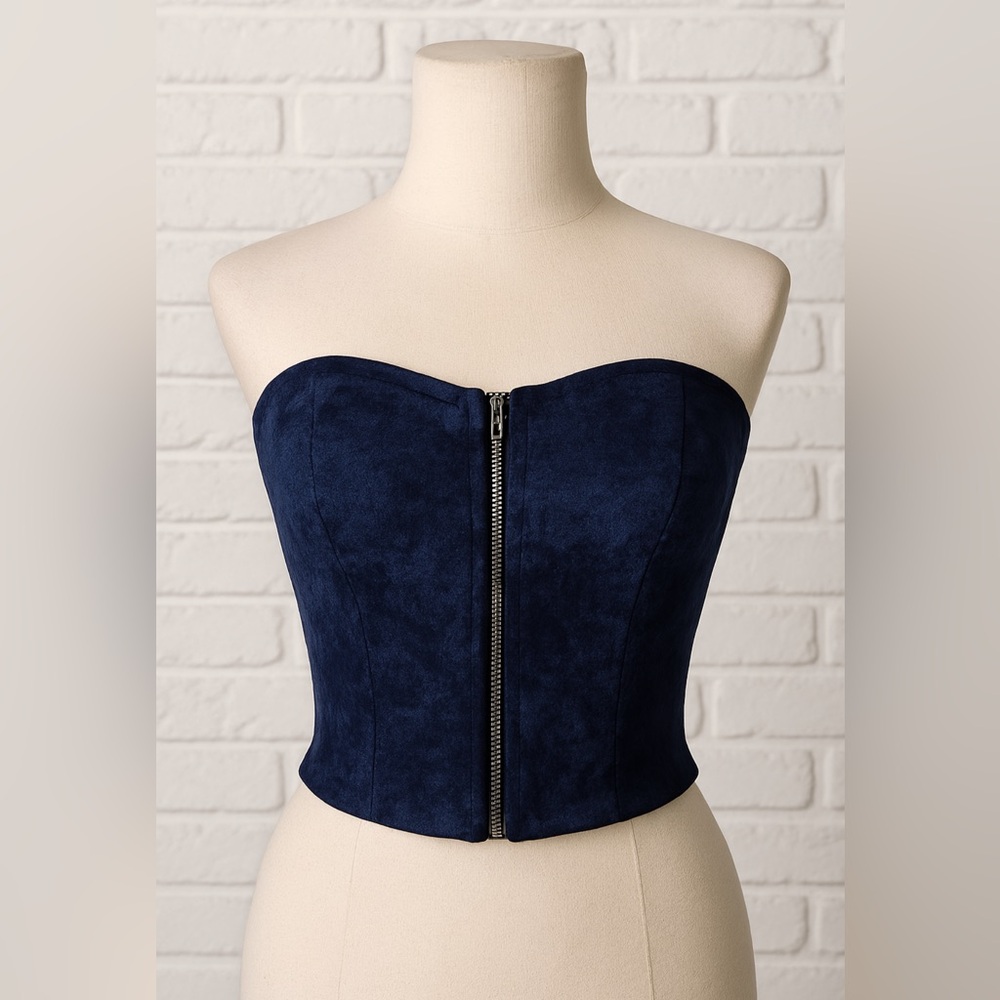 Navy Blue Bandeau Zipper-Front Bustier  Strapless Crop Corset Top